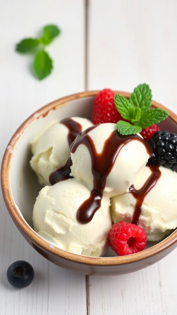 A bowl of oat milk ice cream topped with chocolate sauce and fresh berries.